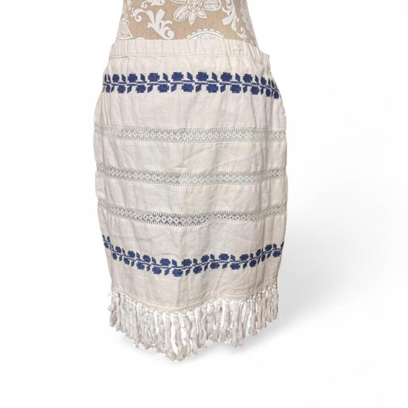 For Cynthia Boho Fringe Skirt L Beige Blue Embroidered Tassel Hem Festival Vibe - Picture 5 of 7